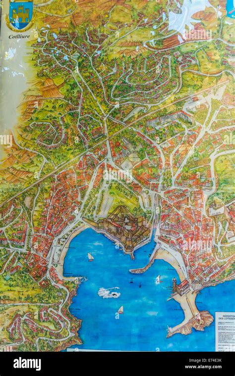 Collioure, France, Old French Map of Seaside Village near Perpignan ...