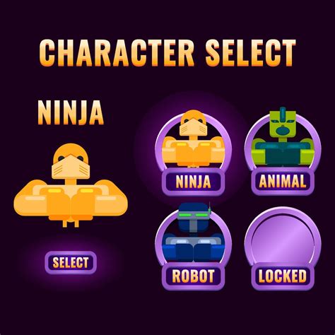 glossy purple rounded Game ui character selection pop up for 2d gui ...