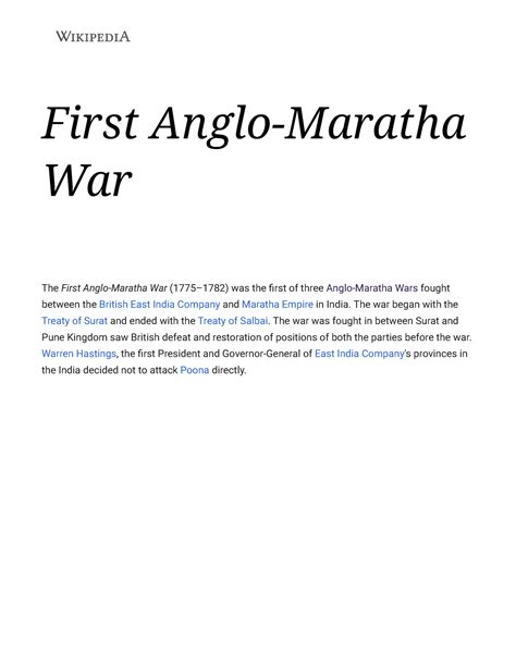 First Anglo-Maratha War in 1775 to 1782.conflict between british east ...