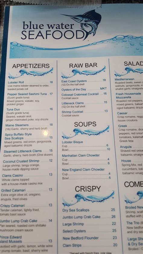 Menu at Blue Water Seafood restaurant, East Brunswick