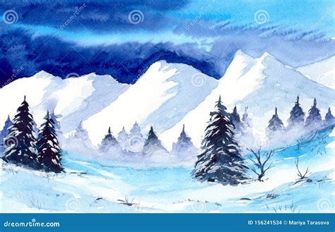 Watercolor Snowy Mountain with Firs and Snowdrifts Stock Photo - Image ...