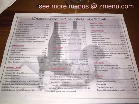 Menu at Rizzo's Spaghetti House pizzeria, Fort Mill, Charlotte Hwy