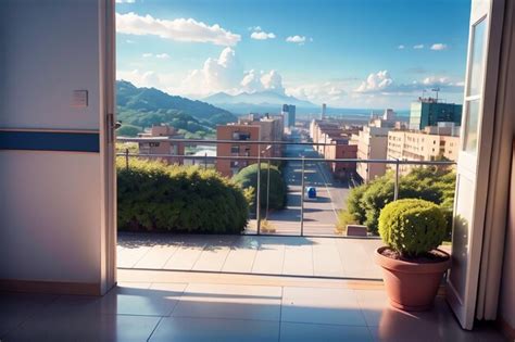 Premium AI Image | A balcony with a view of a city and mountains in the ...