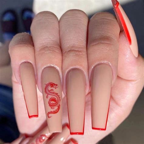 Red Dragon Glossy Press On Nails | Coffin | Glue On Nails | Long Coffin ...