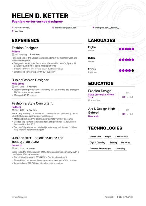 Top Fashion Designer Resume Examples + Expert Tips | Enhancv.com