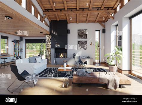 modern chalet interior. 3d rendering design concept Stock Photo - Alamy