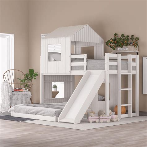 Twin Over Full House Bed Bunk Beds with Slide, Wood Bunk Beds with Roof ...