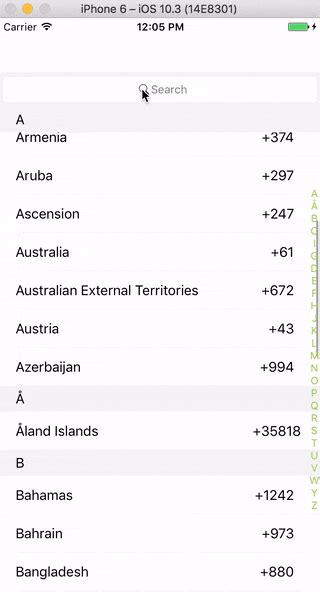 Country code list with alphabet navigation