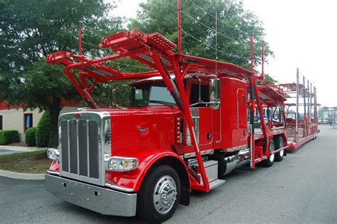 Red Peterbilt Carhauler with Cotrell headrack and Highrail trailer