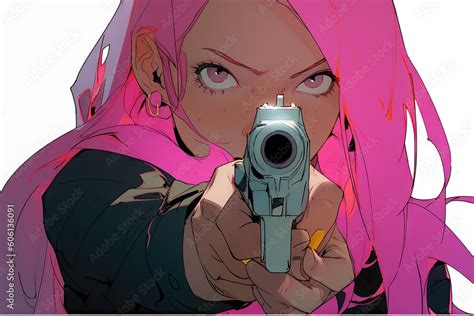 Badass anime girl with a gun and pink hair Stock Illustration | Adobe Stock