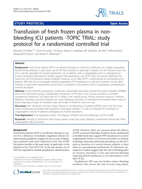 (PDF) Transfusion of fresh frozen plasma in non-bleeding ICU patients ...