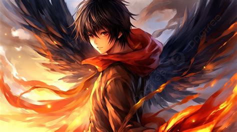 An Anime Character With Wings Standing On Fire Background, Anime ...