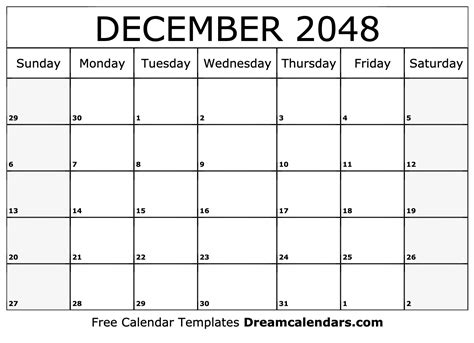 December 2048 Calendar - Free Printable with Holidays and Observances