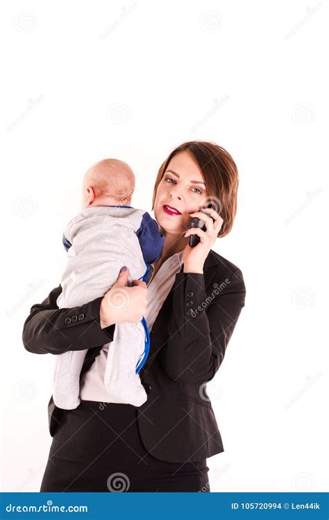 Young Working Mom Carrying Her Baby in One Hand Isolated Stock Photo ...