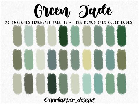 Green Jade Procreate Palette, 30 HEX Color Codes, Instant Digital ...