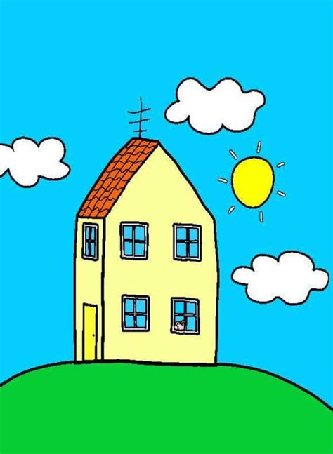 a drawing of a house on top of a hill with the sun in the sky