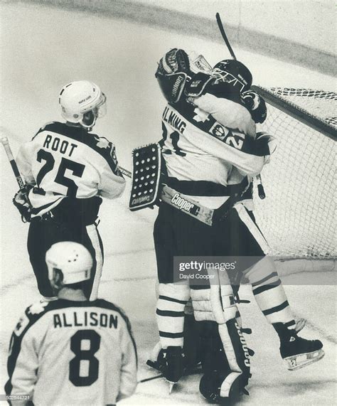 Leaf's' Borje Salming hugs Ken Wregget after the Leafs goaltender ...