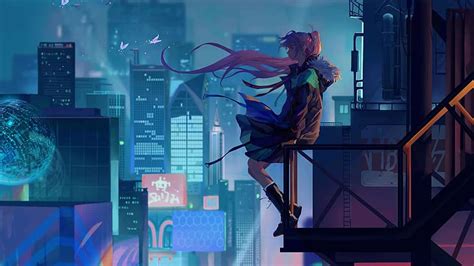 HD wallpaper: anime, anime girls, night, futuristic city, butterflies ...