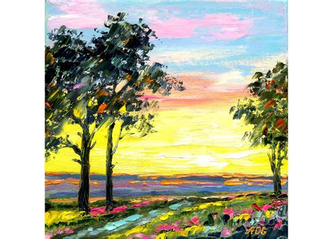 Sunrise Painting Tree Original Art Flower Field Artwork | Etsy