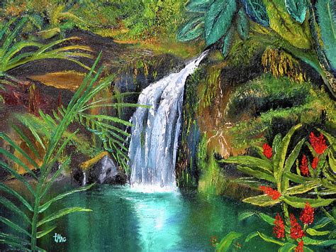 Prints Print titled 'Tropical Waterfall' landscape tropical painting ...