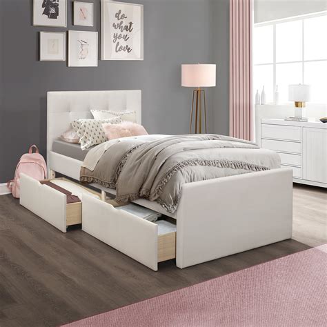 Emory Upholstered Twin Platform Bed With 2 Storage Drawers, Cream, by ...