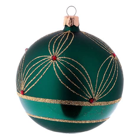 Green blown glass Christmas balls with gold design 10 cm 4 | online ...