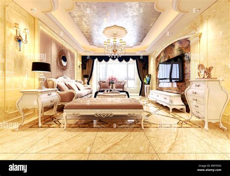 3d render post modern living room Stock Photo - Alamy