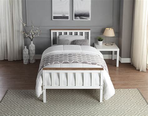 Single Bed Frame in White and Pine Solid Wood | BedSale.com