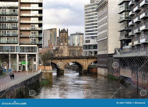 River Irwell in the Centre of Manchester with the Famous Cathedral ...