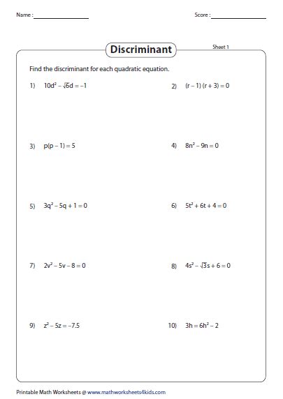 Quadratic Formula Worksheets