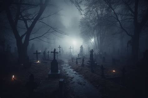 Dark Graveyard at Night, Shrouded in Thick Fog and an Eerie Horror ...