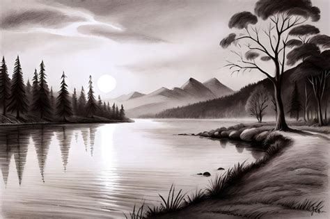 Premium AI Image | A drawing of a lake with mountains and trees.