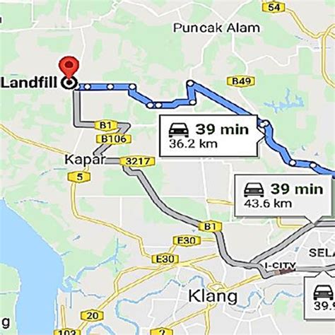 Map showing travel distance from Subang Jaya to Jeram Sanitary Landfill ...