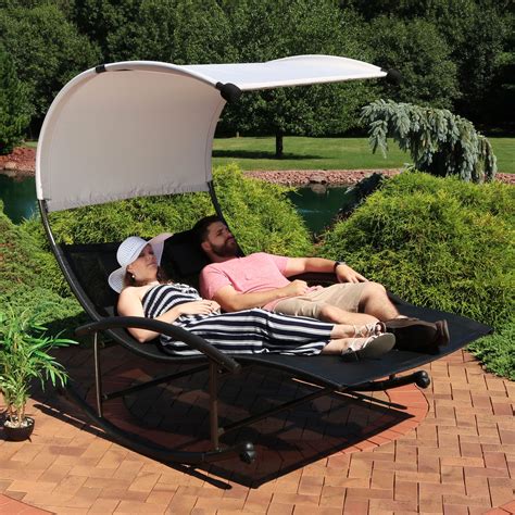 Sunnydaze Chaise Rocking Lounge Chair with Canopy and Pillows - Black