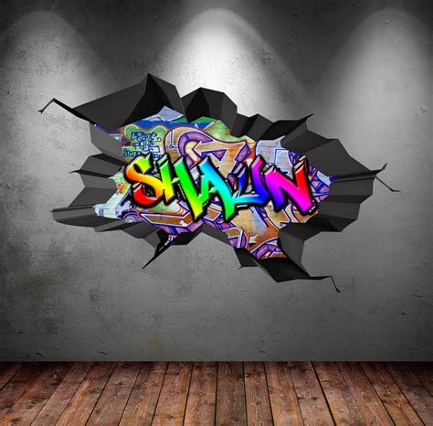 Personalised Name Full Colour Graffiti Wall Decals Cracked 3d Wall ...