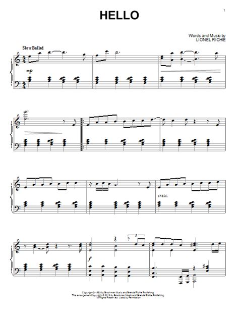 Hello by Lionel Richie Sheet Music for Piano Solo at Sheet Music Direct