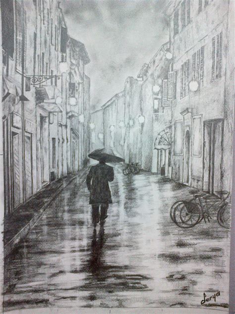 #Rainy day #street #charcoal drawing | Rainy day drawing, Nature art ...