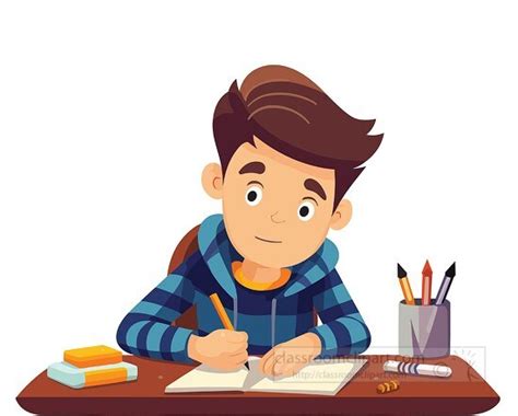 School Desk Clipart-young student working at his desk finishing ...