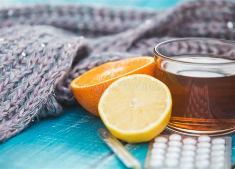 Cold and Allergy Treatment with Tea and Pills Stock Image - Image of ...