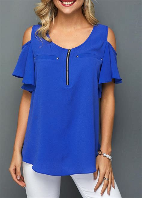 Cold Shoulder Quarter Zip Royal Blue Blouse | Half sleeve blouse, Royal ...