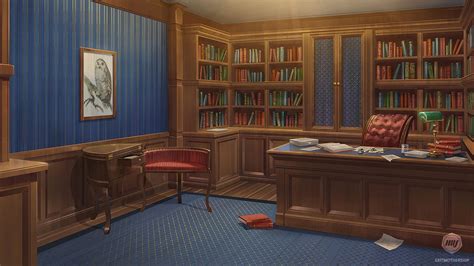 a room with bookshelves, desk and chair in the middle is blue carpet