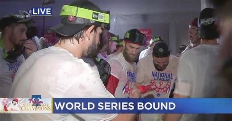 Phillies celebrate in clubhouse after NLCS win - CBS Philadelphia