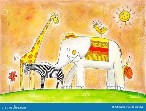 Group of Animals, Child S Drawing, Watercolor Painting Stock ...