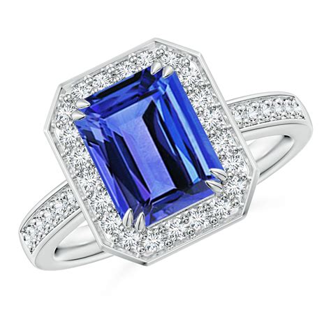 Emerald-Cut Tanzanite Engagement Ring with Diamond Halo | Angara