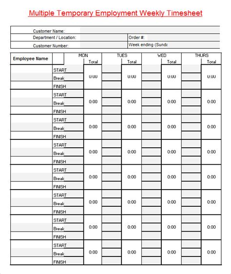 Multiple Employee Weekly Timesheet Template Excel