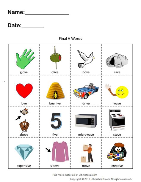 Final V Words Worksheet - Ultimate SLP