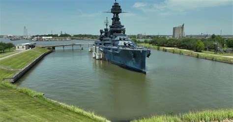 Aerial view of the USS Texas Battleship museum, Stock Video - Envato ...