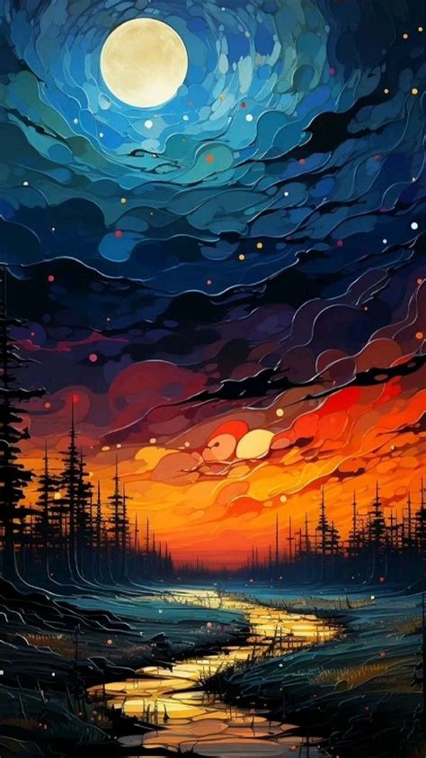 Moon Night Landscape Illustration Phone Wallpaper in 2023 | Landscape ...