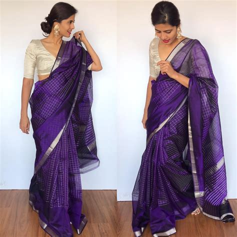 Purple Mangalagiri Silk Saree with Silver Zari Checks | Mirra clothing