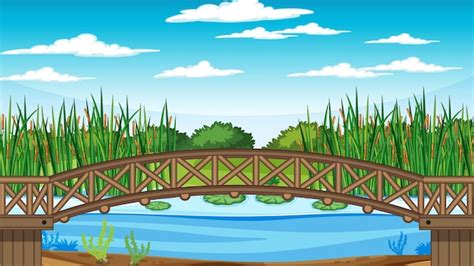 Free Vector | Scene with wooden bridge over pond